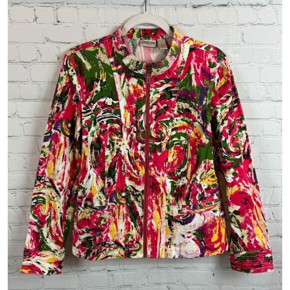 CHICO'S cotton stretch multicolor zipper unlined jacket blazer size 1 M - Picture 1 of 9